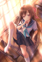 Rule 34 | 1girl, blush, bow, braid, brown hair, character request, commentary request, desk, goto p, hair bow, hair ornament, hairclip, highres, imooka, long hair, looking at viewer, neckerchief, no shoes, on desk, pink eyes, sailor collar, school uniform, serafuku, side braid, sitting, skirt, smile, socks, solo, sunlight, twilight, very long hair, white socks