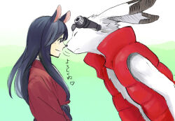1boy 1girl animal_ears black_hair closed_eyes commentary cousins cropped_torso deer_ears down_jacket family furry furry_male goggles goggles_on_head heart ikezawa_kazuma jacket king_kazma long_hair looking_at_another no_humans noses_touching rabbit_boy shinohara_natsuki smile sugi_(sumisugi) summer_wars