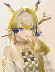 1girl absurdres arknights bare_shoulders bead_necklace beads blonde_hair blue_eyes breasts brooch dragon dragon_girl dragon_horns earrings eastern_dragon eastern_dragon_horns hair_between_eyes hair_ornament highres horns jewelry little_bit_(544633426) long_hair long_sleeves looking_at_another necklace open_mouth pointy_ears shirt shu_(arknights) small_breasts smile solo strapless strapless_shirt tassel tassel_earrings tube_top white_tube_top
