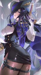 1girl black_thighhighs breasts clorinde_(genshin_impact) genshin_impact gloves gun highres holding holding_gun holding_weapon kametaro_uu large_breasts long_hair miniskirt purple_eyes purple_hair skirt solo thighhighs weapon white_gloves