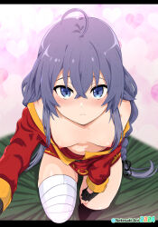 Rule 34 | 1girl, ahoge, bandaged leg, bandages, black gloves, black thighhighs, blue eyes, blue hair, blush, braid, breasts, breasts out, closed mouth, commission, cosplay, crossed bangs, dress, fingerless gloves, from above, gloves, hair between eyes, highres, kono subarashii sekai ni shukufuku wo!, long braid, long hair, long sleeves, looking at viewer, megumin, megumin (cosplay), mole, mole on breast, mushoku tensei, nekosaki, nipples, no bra, off-shoulder dress, off shoulder, pixiv commission, red dress, roxy migurdia, short dress, single thighhigh, small breasts, solo, thighhighs, twin braids, very long hair