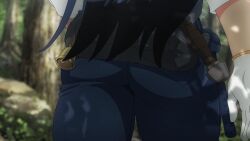 1girl 2025 20s animated animated_gif anime_screenshot arato_nagi ass ass_focus belt black_hair blue_pants blush denim dress female_focus gloves highres huge_ass jeans long_hair looking_back outdoors pants rock ruri_no_houseki shirt shirt_tucked_in sleeves_rolled_up solo solo_focus tagme thick_thighs thighs walking white_gloves white_shirt wide_hips