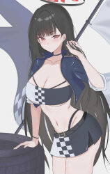 1girl absurdres black_choker black_hair black_halo blue_archive blue_jacket breasts bright_pupils choker cropped_jacket flag halo highleg highleg_panties highres jacket large_breasts long_hair montsuko multicolored_halo multicolored_skirt panties race_flag race_queen red_eyes rio_(blue_archive) skirt strapless tube_top two-tone_halo underwear unused_tire very_long_hair white_pupils