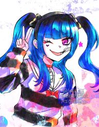 amemiya_darumi black_hair blue_hair bow hair_bow heart highres japanese_text long_hair looking_at_viewer makeup multicolored_hair one_eye_closed open_mouth pink_hair runny_makeup safety_pin shirt simple_background striped_clothes striped_shirt teeth the_hundred_line_-last_defense_academy- tongue twintails v white_background wink