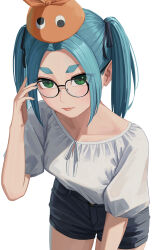 1girl absurdres aqua_hair black_ribbon black_shorts closed_mouth expressionless glasses googly_eyes green_eyes hair_ribbon hand_up hat highres monogatari_(series) nemo_ringo ononoki_yotsugi orange_hat ribbon shirt short_shorts shorts simple_background solo thick_eyebrows twintails white_background white_shirt