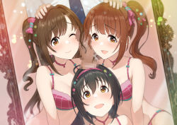 1boy 3girls blush bow brown_hair censored choker collarbone erection hair_between_eyes hair_bow hair_intakes hairband hand_on_another&#039;s_head harem heart heart-shaped_pupils highres idolmaster idolmaster_cinderella_girls igarashi_kyoko kohinata_miho kozuka_yasushi looking_at_viewer looking_up mosaic_censoring multiple_girls necktie penis penis_hug pink_check_school_(idolmaster) ponytail producer_(idolmaster) shimamura_uzuki short_hair side_ponytail smile symbol-shaped_pupils testicles underwear
