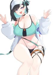 1girl aqua_bikini bikini black_choker black_survival breasts character_request choker eternal_return:_black_survival highres jacket large_breasts long_sleeves navel o-ring o-ring_choker solo sourgrapes swimsuit thigh_strap white_jacket