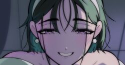 1girl alien_stage black_hair close-up commentary earrings hairband hashtag-only_commentary highres ivanbolvann jewelry purple_eyes short_hair smile solo sphere_earrings sua_(alien_stage) white_hairband