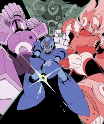 Rule 34 | 4boys, ammunition, android, arm cannon, armor, bald, black background, blue armor, blue helmet, clenched teeth, forehead jewel, green eyes, hand on weapon, hashtag-only commentary, helmet, highres, lidian s, long hair, male focus, mega man (series), mega man x (series), multiple boys, shoulder armor, shoulder cannon, sigma (mega man), teeth, vile (mega man), weapon, x (mega man), zero (mega man)