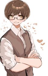 1girl absurdres brown_eyes brown_hair brown_vest crossed_arms ear_piercing earrings glasses highres jewelry koucha_(pankeki_koucha) original piercing short_hair simple_background sleeves_rolled_up stud_earrings tomboy upper_body vest white_background