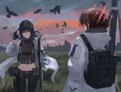 Rule 34 | 2girls, ammunition pouch, armband, assault rifle, backpack, bag, baseball cap, bird, black hair, blue archive, blue eyes, blue hair, blue halo, blue sky, brown hair, chest rig, cloud, cloudy sky, coat, commentary request, crop top, dusk, ear protection, fim-92 stinger, gloves, gradient sky, grass, gun, halo, handgun, hat, hetare galm sue, highres, holding, holding gun, holding weapon, holster, hood, hoodie, long sleeves, magazine (weapon), misaki (blue archive), multicolored hair, multiple girls, orange sky, outdoors, pouch, power lines, red halo, rifle, rocket launcher, saori (blue archive), short hair, sig 516, sky, skyline, sleeveless, thigh holster, utility pole, weapon, white coat