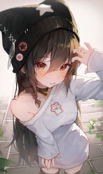 1girl absurdres animal_ears beanie bell black_choker black_thighhighs blush braid breasts brick_road brown_eyes brown_hair choker closed_mouth collarbone commentary commission e_name english_commentary fake_animal_ears flower from_above hair_between_eyes hair_over_eyes hand_on_own_thigh hand_up hat hat_pin highres long_hair looking_at_viewer messy_hair naked_shirt neck_bell off_shoulder original paw_pose plant shirt small_breasts solo thighhighs very_long_hair white_shirt