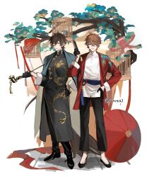 Rule 34 | 2boys, absurdres, alternate costume, aqua cape, birdcage, birdcage veil, black gloves, black pants, black robe, black shoes, blue eyes, blue sash, brown hair, cage, cape, changpao, chinese clothes, chinese commentary, cross-laced shoes, dragon print, dress shoes, earrings, flats, folded fan, folding fan, full body, genshin impact, gloves, hair between eyes, half gloves, hand fan, hand on own hip, hand up, highres, holding, holding fan, holding smoking pipe, jacket, jewelry, kite, long hair, long sleeves, looking at viewer, low ponytail, male focus, multiple boys, oil-paper umbrella, open clothes, open jacket, orange hair, pants, pine tree, ponytail, red jacket, robe, sash, shirt, shoes, short hair, single earring, smile, smoking pipe, standing, tangzhuang, tartaglia (genshin impact), tassel, tassel earrings, tree, umbrella, very long hair, white background, white shirt, yellow eyes, yuu4127, zhongli (genshin impact)