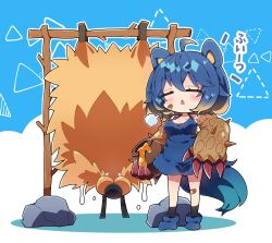 Rule 34 | 1girl, absurdres, ahoge, arzuros, bandaid, bandaid on cheek, bandaid on face, bandaid on knee, bandaid on leg, black socks, blue background, blue dress, blue hair, blue shoes, blush, brown hair, chibi, chibi only, closed eyes, commentary, dress, full body, gradient hair, highres, honey, honeypot, long hair, milkpanda, monster hunter (series), multicolored hair, open mouth, outline, personification, puff of air, rock, shoes, sleeveless, sleeveless dress, socks, solo, standing, two-tone background, white background, white outline