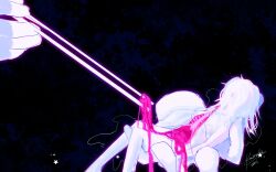 Rule 34 | 2others, breasts, censored, censored nipples, chopsticks, color contrast, completely nude, exposed bone, exposed gusset, glowing, highres, holding, holding chopsticks, holding mini person, intestines, konicomchiee, mini person, multiple others, nude, original, outstretched legs, ribs, short hair, size difference, spine, star (symbol), white hair