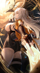 Rule 34 | 1girl, absurdres, ahoge, ass, belt, bird, black bird, black gloves, black shorts, black thighhighs, breasts, cloud, coin, coin on string, commentary, cropped jacket, english commentary, fingerless gloves, floating hair, from below, gloves, hair between eyes, hair ornament, hand up, high-waist shorts, highres, holding ofuda, jacket, k0a, kuji-in, large breasts, lens flare, light particles, long hair, looking ahead, parted lips, pocket, shirt, shorts, sideboob, sidelocks, single thighhigh, sky, solo, standing, thigh strap, thighhighs, thighs, very long hair, white hair, white shirt, yellow eyes, yellow jacket, yellow sky, yixuan (zenless zone zero), zenless zone zero
