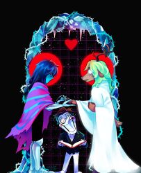 1boy 1girl 1other animal_ears antlers aqua_skin arm_armor armor black_hair black_suit blank_eyes blonde_hair blue_hair blush_stickers book bright-goat brown_fur buck_teeth cape ceremony cloak colored_skin deer_antlers deer_ears deltarune formal_clothes freckles frozen gauntlets glowing glowing_eyes glowing_heart greaves grid_background grin halo head_tilt highres holding holding_book horns icicle jewelry kris_(dark_world)_(deltarune) kris_(deltarune) leg_armor long_hair medium_hair messy_hair mind_control noelle_holiday pants poleyn poncho red_eyes red_halo red_nose reindeer_girl ring sabaton smile snowing spamton_g._spamton suit teeth thorns torn_cape torn_cloak torn_clothes tuxedo two-tone_cape two-tone_eyewear two-tone_poncho wavy_hair wedding wedding_ring weird_route_(deltarune) white_gown white_pants white_skin