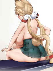 1girl alice_thymefield alternate_breast_size animal_ears arm_behind_back ass bench black_panties blonde_hair blush braid breasts commentary convenient_arm english_commentary feet_out_of_frame from_behind gradient_background green_skirt grey_background heart heart-shaped_pupils high-waist_skirt highres holding holding_own_hair huge_breasts long_hair looking_at_viewer looking_back low_twintails miniskirt mivioppai on_bench paid_reward_available panties panties_around_leg panty_pull pleated_skirt pulling_own_clothes rabbit_ears rabbit_girl rabbit_tail raised_eyebrows shoulder_blades sideways_glance sitting skirt solo sphere_hair_ornament sweat symbol-shaped_pupils tail thighs topless_female twintails twitter_username underwear very_long_hair white_background yellow_eyes zenless_zone_zero