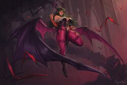 Rule 34 | 1girl, absurdres, animal print, artist name, bare shoulders, bat (animal), bat print, black boots, black leotard, black wings, boots, breasts, bridal gauntlets, castle, darkstalkers, demon girl, demon wings, floating hair, full body, fur trim, green eyes, grey hair, head wings, high heel boots, high heels, highleg, highleg leotard, highres, large breasts, leotard, long hair, looking at viewer, midair, morrigan aensland, off shoulder, pantyhose, print pantyhose, purple pantyhose, purple wings, rgate, slit pupils, solo, wings