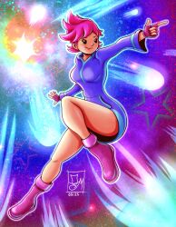 1girl bare_legs boots dress fingerless_gloves gloves highres hooded_dress kumatora magic metalytar meteor_shower mother_(series) mother_3 nintendo pink_boots pink_hair pointing quiff shirt solo star_(sky) striped_clothes striped_shirt tomboy