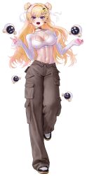 1girl absurdres baggy_pants blonde_hair breasts brown_pants cargo_pants character_request cleavage collarbone commentary_request copyright_request cropped_shirt double_bun eruthu fang full_body hair_between_eyes hair_bun hair_intakes highres large_breasts looking_at_viewer open_fly open_mouth pants pink_nails shirt sleeves_past_wrists solo standing toned toned_female white_background white_shirt