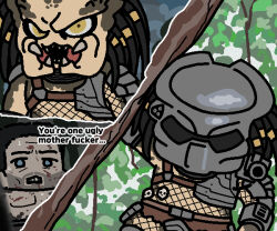 1boy alien black_hair commentary dreadlocks dutch_(predator) english_text fangs helmet jazz_jack long_hair looking_at_viewer predator_(1987) predator_(character) predator_(series) profanity short_hair source_quote tagme