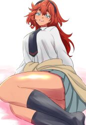 1girl absurdres ass ass_focus bare_legs black_headband black_socks blush breasts clothes_around_waist curly_sidelocks eyebrows_hidden_by_hair gundam gundam_suisei_no_majo headband highres jacket jacket_around_waist large_breasts long_hair long_sleeves looking_at_viewer looking_down maroyaka_mild miniskirt necktie no_panties on_floor on_ground parted_bangs red_hair school_uniform sitting sitting_sideways skirt socks solo solo_focus suletta_mercury thick_eyebrows tied_jacket