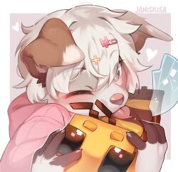 1girl animal_ears artist_name bee blush bug character_request dog_ears grey_background hands_up heart highres hood hoodie insect kisahuiisa long_hair minecraft one_eye_closed original pink_hoodie short_hair solo_focus tongue tongue_out white_background white_hair