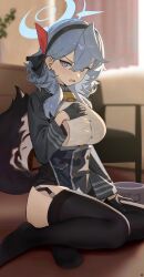 1girl absurdres ako_(blue_archive) bell black_gloves black_hairband black_skirt black_thighhighs blue_archive blue_eyes blue_hair blue_halo blurry blurry_background bowl breasts commentary_request cowbell dog_tail earrings fake_tail framed_breasts garter_straps gloves hairband halo hand_on_own_chest highres indoors jewelry large_breasts light_particles long_sleeves looking_at_viewer medium_hair open_mouth pet_bowl sideboob sideboob_cutout sitting skirt soles solo songchuan_li stud_earrings sweat tail thighhighs v-shaped_eyebrows yokozuwari