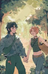 Rule 34 | 2girls, alt text, belt, black hair, black ribbon, blue pants, blue shirt, brown belt, carabiner, collared shirt, commentary, crop top, forest, green pants, hair ribbon, hana (hanahaki02), hashtag-only commentary, highres, holding hands, kininatteru hito ga otoko ja nakatta, koga mitsuki, long sleeves, midriff, mole, mole under eye, multiple girls, nature, navel, oosawa aya, outdoors, pants, pink eyes, pink hair, ribbon, shirt, short hair, smile, star (symbol), star print, tree