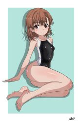 1girl asymmetrical_bangs black_one-piece_swimsuit border breasts brown_eyes brown_hair closed_mouth green_background highleg highleg_one-piece_swimsuit highres medium_hair misaka_mikoto nashdnash2007 one-piece_swimsuit shiny_skin signature sitting small_breasts solo swimsuit toaru_kagaku_no_railgun toaru_majutsu_no_index tokiwadai_school_swimsuit two-tone_one-piece_swimsuit white_border white_one-piece_swimsuit yokozuwari