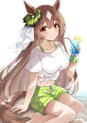 1girl animal_ears blush breasts brown_eyes brown_hair cup drinking_glass drinking_straw ear_ornament feet_out_of_frame floral_print_shorts food fruit gaze_on_me!_outfit_(umamusume) green_scrunchie green_shorts highres holding holding_cup horse_ears horse_girl horse_tail large_breasts lemon lemon_slice long_hair looking_at_viewer male_swimwear midriff multicolored_hair nasupon_54115 official_alternate_costume print_shorts satono_diamond_(umamusume) scrunchie shirt short_sleeves shorts simple_background sitting smile solo streaked_hair tail tied_shirt umamusume very_long_hair white_background white_hair white_shirt wrist_scrunchie