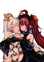 2girls absurdres bloodtana blue_heater_2 bracelet collar dragon_girl dragon_horns dratana gothic_lolita highres horns hug japanese_clothes jewelry kimono lolita_fashion long_sleeves multiple_girls non-web_source patterned_clothing pointy_ears ponytail red_hair roblox spiked_bracelet spiked_collar spikes transparent_background twintails vampire white_hair white_kimono white_scales