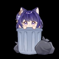 1girl animal_ears animated animated_gif blunt_bangs cat_ears chibi chibi_only chinese_commentary closed_mouth crying genshin_impact hair_ornament hands_up jiokexiansheng long_hair looking_at_viewer looping_animation mole mole_under_eye open_mouth purple_eyes purple_hair raiden_shogun sad simple_background solo tearing_up tears trash_bag trash_can white_background