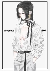 1girl belt black_belt black_hair black_ribbon boa_hancock breasts character_name closed_mouth copyright_name earrings hands_in_pockets jewelry long_hair medium_breasts one_piece p_(pkochan) pants ribbon shirt snake_earrings solo white_pants white_shirt