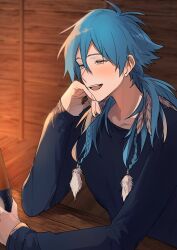 1boy alcohol arm_on_table blue_hair blue_shirt blush cup dramatical_murder elbow_on_table feather_hair_ornament feathers hair_between_eyes hair_ornament hand_on_own_cheek hand_on_own_face highres holding holding_cup ikaremanju long_sleeves looking_to_the_side male_focus non-web_source open_mouth seragaki_aoba shirt short_hair_with_long_locks sitting solo table teeth tongue upper_body upper_teeth_only yellow_eyes