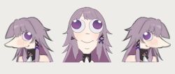 Rule 34 | 1girl, ascot, bare shoulders, black choker, blush, choker, cropped shoulders, grey background, grey hair, herta (honkai: star rail), highres, honkai: star rail, honkai (series), long hair, looking at viewer, multiple views, no headwear, parody, phineas and ferb, purple eyes, simple background, smile, style parody, the herta (honkai: star rail), vi (seorivi), white ascot