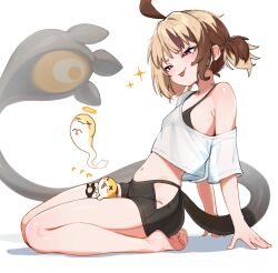 1girl :p ahoge arm_support bare_legs barefoot between_legs black_bra black_shorts blonde_hair bra breasts brown_hair commentary crop_top english_commentary from_side full_body gigi_murin grem_(gigi_murin) highres hip_vent hololive hololive_english midriff multicolored_hair navel pink_eyes see-through_clothes see-through_shirt seiza shirt short_hair short_shorts short_twintails shorts simple_background single_off_shoulder sitting small_breasts soles solo t-shirt tail tenchi_mayo tongue tongue_out twintails two-tone_hair underwear virtual_youtuber white_background white_shirt