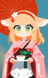 Rule 34 | 1girl, apron, arknights, blonde hair, chinese commentary, closed mouth, commentary request, cup, frilled apron, frills, green eyes, highres, holding, holding plate, japanese clothes, kimono, long hair, long sleeves, maid apron, official alternate costume, oil-paper umbrella, pink kimono, plate, red umbrella, smile, solo, suzuran (arknights), suzuran (yukibare) (arknights), tuji p, umbrella, white apron, wide sleeves