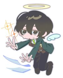 1boy black_eyes black_hair black_vest chibi chibi_only coat collared_shirt double-parted_bangs dress_shoes full_body green_coat green_necktie hair_between_eyes halo knees_together_feet_apart limbus_company looking_at_viewer male_focus necktie outstretched_arms paper project_moon seven_association_south_uniform shirt soda0606 solo sparkle sweatdrop tripping vest white_background white_shirt wings yi_sang_(project_moon)