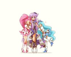 3girls :d blue_dress blue_eyes blue_hair blue_skirt boots bow center_frills closed_eyes cure_blossom cure_marine cure_moonlight double_arm_hug dress elbow_gloves flower frills full_body gloves grey_boots grey_dress group_hug hair_between_eyes hair_bow hair_flower hair_ornament hanasaki_tsubomi heartcatch_precure! high-low_dress high_heel_boots high_heels hug knee_boots knees_together_feet_apart kurumi_erika long_hair magical_girl multiple_girls open_mouth parted_bangs pink_boots pink_dress pink_hair pink_skirt pleated_dress pleated_skirt precure puffy_short_sleeves puffy_sleeves purple_flower purple_gloves purple_hair purple_rose purple_skirt rose short_sleeves side_ponytail simple_background skirt skirt_under_dress smile standing standing_on_one_leg tsukikage_yuri very_long_hair white_background wrist_cuffs yuu13