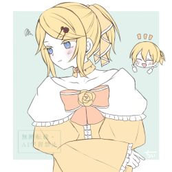 :t aku_no_musume_(vocaloid) allen_avadonia averting_eyes bare_shoulders blonde_hair blue_eyes blush bow brother_and_sister chibi chii1113 choker collarbone colored_eyelashes crossed_legs dress dress_bow embarrassed evillious_nendaiki frilled_dress frilled_sleeves frills glowstick hair_bow high_ponytail highres holding holding_glowstick kagamine_len kagamine_rin off-shoulder_dress off_shoulder orange_bow pale_skin ponytail pout riliane_lucifen_d&#039;autriche shy siblings sidelocks squiggle swept_bangs twins updo vocaloid wavy_mouth wide_sleeves yellow_bow yellow_choker yellow_dress