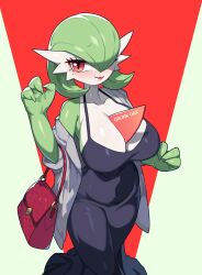1girl arm_up artist_name bag bare_shoulders black_dress blush breasts cleavage dress drunkoak elbow_carry furry furry_female gardevoir gen_3_pokemon green_hair grey_background grey_shirt hair_over_one_eye handbag highres large_breasts long_dress looking_at_viewer medium_hair mole mole_under_eye nintendo off_shoulder open_clothes open_shirt pink_eyes pokemon pokemon_(creature) red_background red_bag shirt sleeveless sleeveless_dress solo tongue tongue_out two-tone_background