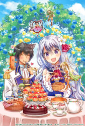 3boys 3girls :d :t ^_^ akuyaku_reijou_ni_nanka_narimasen._watashi_wa_&quot;futsuu&quot;_no_koushaku_reijou_desu! animal_ears arch ascot bare_shoulders basket bell_sleeves black_hair black_vest blonde_hair blue_flower blue_rose blue_shirt blue_sleeves cake cake_stand capelet carrot cat_boy cat_ears center_frills checkerboard_cookie cherry chocolate_cake chocolate_chip_cookie closed_eyes cloud collared_jacket cookie cover cover_page cracker cream_puff creature creature_on_shoulder croquembouche cup day detached_sleeves dress drill_hair eating epaulettes fairy fairy_wings floral_arch flower flower_brooch flying food fork frilled_shirt_collar frilled_sleeves frills fruit gradient_flower green_eyes green_hair hair_between_eyes hair_flower hair_ornament heart holding holding_basket holding_cookie holding_food holding_fork holding_plate jacket lapels light_blush long_hair long_sleeves looking_at_another mini_person miniboy minigirl multiple_boys multiple_girls novel_cover novel_illustration official_art on_shoulder open_clothes open_jacket open_mouth plate pointy_ears purple_eyes purple_vest rainbow_flower red_ascot red_eyes riolabo rosalind_rosenberg rose saucer shirt short_hair side_drill side_ponytail sleeveless sleeveless_shirt smile sparkle tablecloth tea_party teacup teapot thumbprint_cookie twintails upper_body vest wavy_hair white_ascot white_hair white_jacket white_shirt wings yellow_eyes yellow_flower yellow_rose