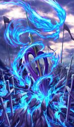 bird blue_fire brynhild_romantia cloud cloudy_sky commentary crack fate/grand_order fate_(series) fire flag lasengle no_humans official_art planted planted_sword planted_weapon polearm sky spear sword third-party_source weapon weapon_focus