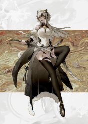 1girl animal_ears bell black_hair detached_sleeves dress floating full_body fur-trimmed_sleeves fur_trim gradient_hair grey_hair hair_ornament highres holding holding_sword holding_weapon long_hair long_sleeves multicolored_hair neck_bell original parted_lips solo sword tail thighhighs tiger_ears tiger_girl tiger_tail urushi_0117 waist_cape weapon yellow_eyes