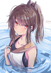 1girl absurdres artist_name blue_one-piece_swimsuit blush brown_eyes brown_hair day highres hizaka i-401_(kancolle) kantai_collection looking_at_viewer ocean one-piece_swimsuit orange_sailor_collar partially_submerged ponytail sailor_collar school_swimsuit school_uniform serafuku short_hair short_ponytail side-tie_shirt sleeveless solo swimsuit swimsuit_under_clothes twitter_username water wet wet_clothes wet_swimsuit
