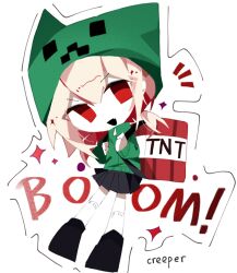 1girl black_footwear black_skirt chibi creeper explosive full_body green_hoodie hood hood_up hoodie lemonail long_sleeves minecraft open_mouth personification red_eyes short_twintails simple_background skirt smile socks solo tnt tnt_block_(minecraft) twintails white_background white_socks