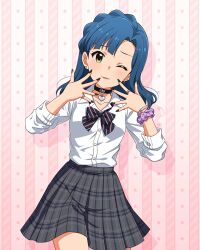 1girl :3 anime_coloring asymmetrical_bangs bangle black_bow black_bowtie black_choker black_nails black_socks blue_hair blunt_bangs bow bowtie bracelet braid breasts choker collarbone collared_shirt concept_gyarus_(idolmaster) cowboy_shot diagonal-striped_bow diagonal-striped_bowtie diagonal-striped_clothes dot_nose eyelashes forehead grey_skirt gyaru hands_up head_tilt heart heart_choker idolmaster idolmaster_million_live! idolmaster_million_live!_theater_days jewelry light_blush long_hair looking_at_viewer loose_bowtie nanao_yuriko official_alternate_costume official_art one_eye_closed open_collar open_hands parted_bangs parted_lips pink_background plaid_clothes plaid_skirt pleated_skirt purple_scrunchie school_uniform scrunchie shirt silver_bangle silver_bracelet silver_ring single_sidelock skirt sleeves_rolled_up small_breasts socks solo star_(symbol) striped_clothes white_shirt wrist_scrunchie yellow_eyes