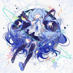 1girl :d absurdres bare_shoulders blue_hair boots breasts closed_eyes commentary_request detached_sleeves full_body hair_between_eyes hair_ornament happy hatsune_miku highres long_hair necktie open_mouth outstretched_arms shirt simple_background skirt sleeveless smile solo standing star_(symbol) thigh_boots thighhighs twintails very_long_hair vocaloid white_background z6